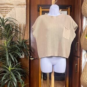 Neutral Rayon Knit Boxy Shirt S | Mock Neck Short Sleeve Minimal Vacation Top